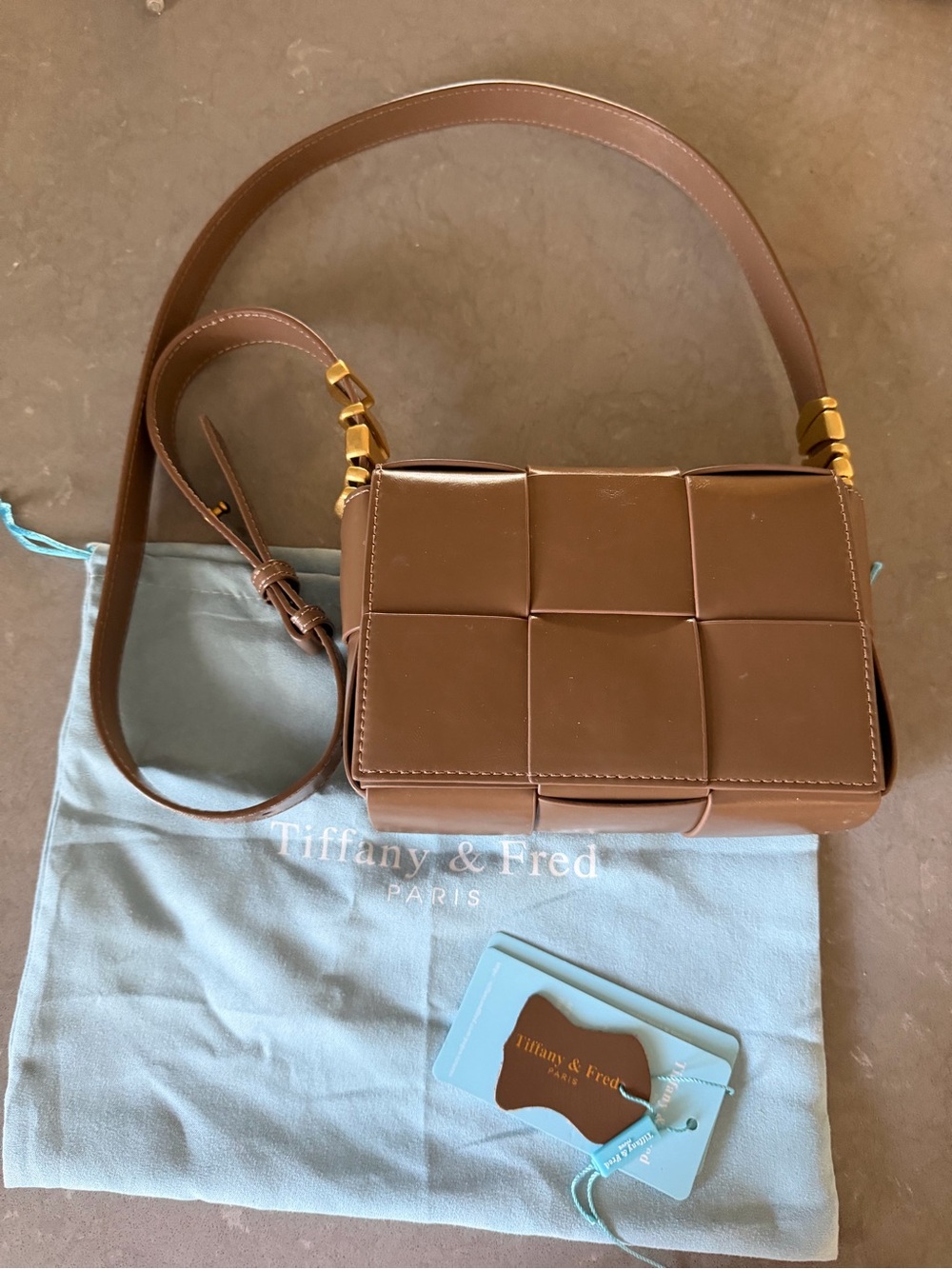Tiffany & Fred Cognac Woven Leather Crossbody Shoulder Bag